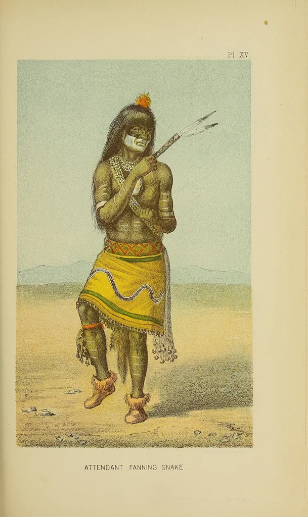 An illustration from The snake-dance of the Moquis of Arizona : being a narrative of a journey from Santa Fé, New Mexico, to the villages of the Moqui Indians of Arizona, with a description of the manners and customs of this peculiar people, and especially of the revolting religious rite, the snake-dance ; to which is added a brief dissertation upon serpent-worship in general, with an account of the tablet dance of the pueblo of Santo Domingo, New Mexico, etc., 1884, leaf 445