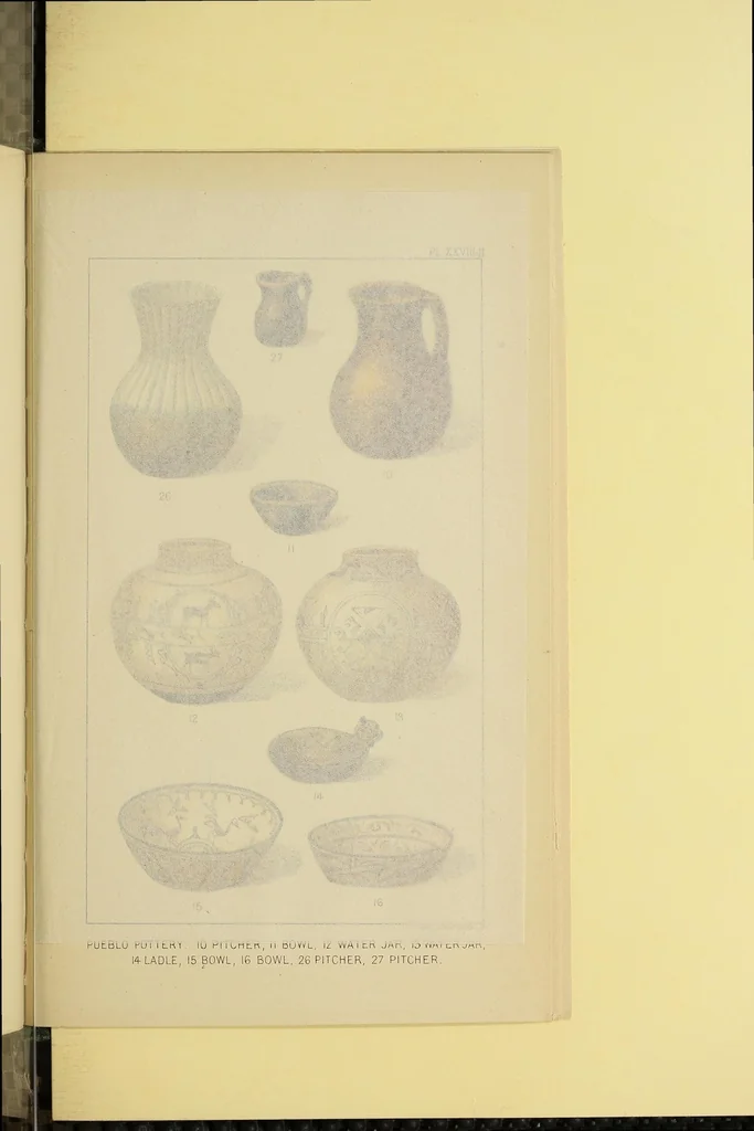 An illustration from The snake-dance of the Moquis of Arizona : being a narrative of a journey from Santa Fé, New Mexico, to the villages of the Moqui Indians of Arizona, with a description of the manners and customs of this peculiar people, and especially of the revolting religious rite, the snake-dance ; to which is added a brief dissertation upon serpent-worship in general, with an account of the tablet dance of the pueblo of Santo Domingo, New Mexico, etc., 1884, leaf 481