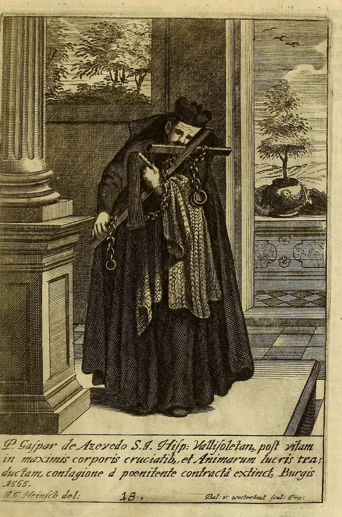 An illustration from Societas Jesu apostolorum imitatrix, sive Gesta praeclara et virtutes eorum, qui è Societate Jesu in procuranda salute animarum, per apostolicas missiones, conciones, sacramentorum ministeria, evangelij inter fideles & infideles propagationem, ceteráque munia apostolica, per totum orbem terrarum speciali zelo desudâ[ve]runt. Pars prima Societatis Jesu Europaeae., 1694, leaf 119