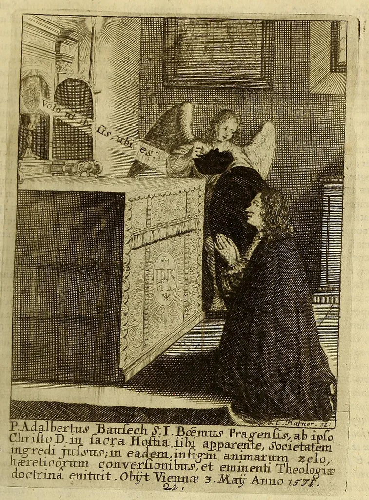 An illustration from Societas Jesu apostolorum imitatrix, sive Gesta praeclara et virtutes eorum, qui è Societate Jesu in procuranda salute animarum, per apostolicas missiones, conciones, sacramentorum ministeria, evangelij inter fideles & infideles propagationem, ceteráque munia apostolica, per totum orbem terrarum speciali zelo desudâ[ve]runt. Pars prima Societatis Jesu Europaeae., 1694, leaf 129