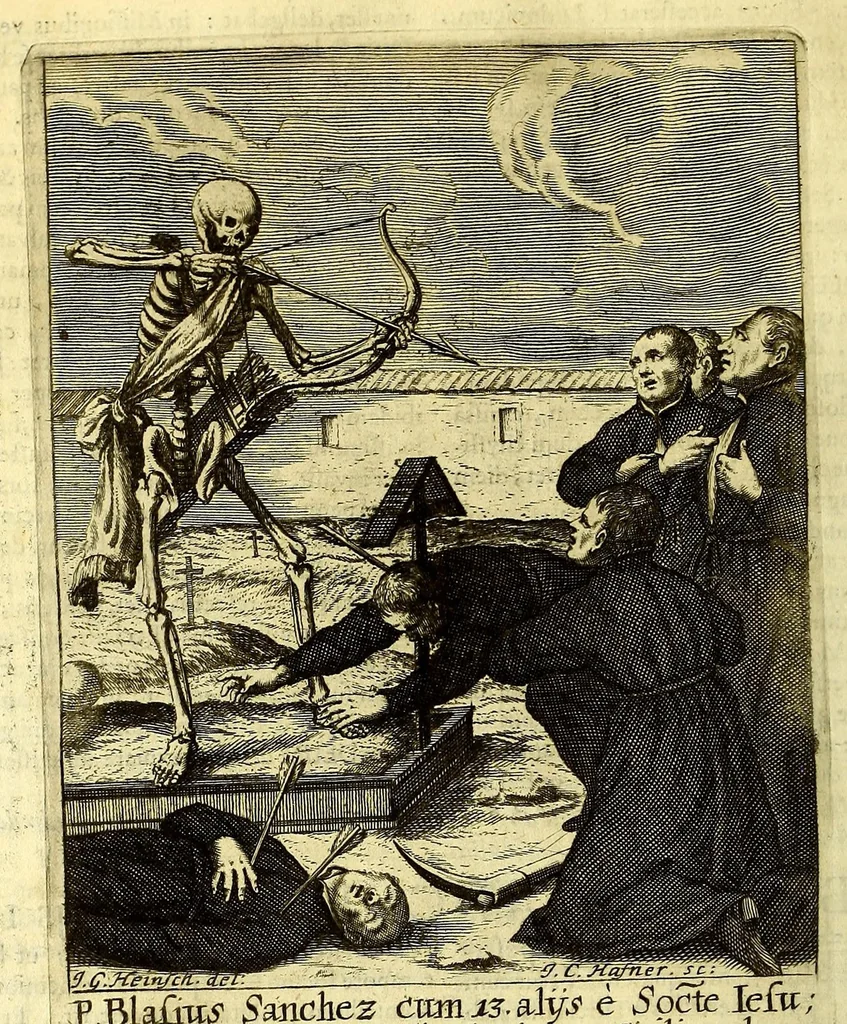 An illustration from Societas Jesu apostolorum imitatrix, sive Gesta praeclara et virtutes eorum, qui è Societate Jesu in procuranda salute animarum, per apostolicas missiones, conciones, sacramentorum ministeria, evangelij inter fideles & infideles propagationem, ceteráque munia apostolica, per totum orbem terrarum speciali zelo desudâ[ve]runt. Pars prima Societatis Jesu Europaeae., 1694, leaf 168