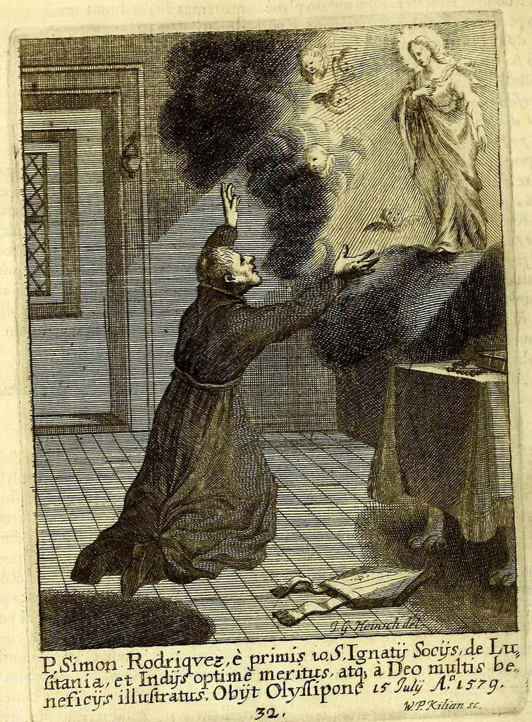 An illustration from Societas Jesu apostolorum imitatrix, sive Gesta praeclara et virtutes eorum, qui è Societate Jesu in procuranda salute animarum, per apostolicas missiones, conciones, sacramentorum ministeria, evangelij inter fideles & infideles propagationem, ceteráque munia apostolica, per totum orbem terrarum speciali zelo desudâ[ve]runt. Pars prima Societatis Jesu Europaeae., 1694, leaf 174