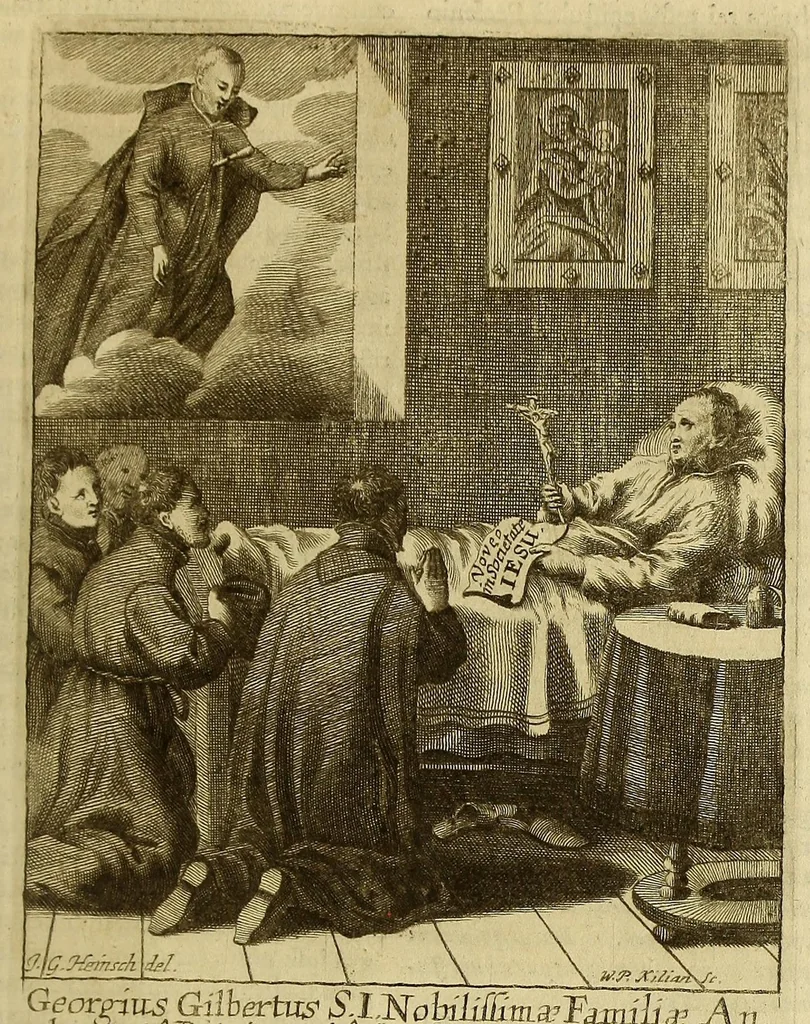 An illustration from Societas Jesu apostolorum imitatrix, sive Gesta praeclara et virtutes eorum, qui è Societate Jesu in procuranda salute animarum, per apostolicas missiones, conciones, sacramentorum ministeria, evangelij inter fideles & infideles propagationem, ceteráque munia apostolica, per totum orbem terrarum speciali zelo desudâ[ve]runt. Pars prima Societatis Jesu Europaeae., 1694, leaf 193