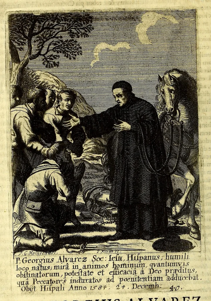 An illustration from Societas Jesu apostolorum imitatrix, sive Gesta praeclara et virtutes eorum, qui è Societate Jesu in procuranda salute animarum, per apostolicas missiones, conciones, sacramentorum ministeria, evangelij inter fideles & infideles propagationem, ceteráque munia apostolica, per totum orbem terrarum speciali zelo desudâ[ve]runt. Pars prima Societatis Jesu Europaeae., 1694, leaf 202