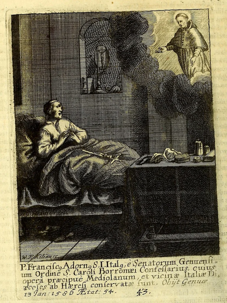 An illustration from Societas Jesu apostolorum imitatrix, sive Gesta praeclara et virtutes eorum, qui è Societate Jesu in procuranda salute animarum, per apostolicas missiones, conciones, sacramentorum ministeria, evangelij inter fideles & infideles propagationem, ceteráque munia apostolica, per totum orbem terrarum speciali zelo desudâ[ve]runt. Pars prima Societatis Jesu Europaeae., 1694, leaf 216