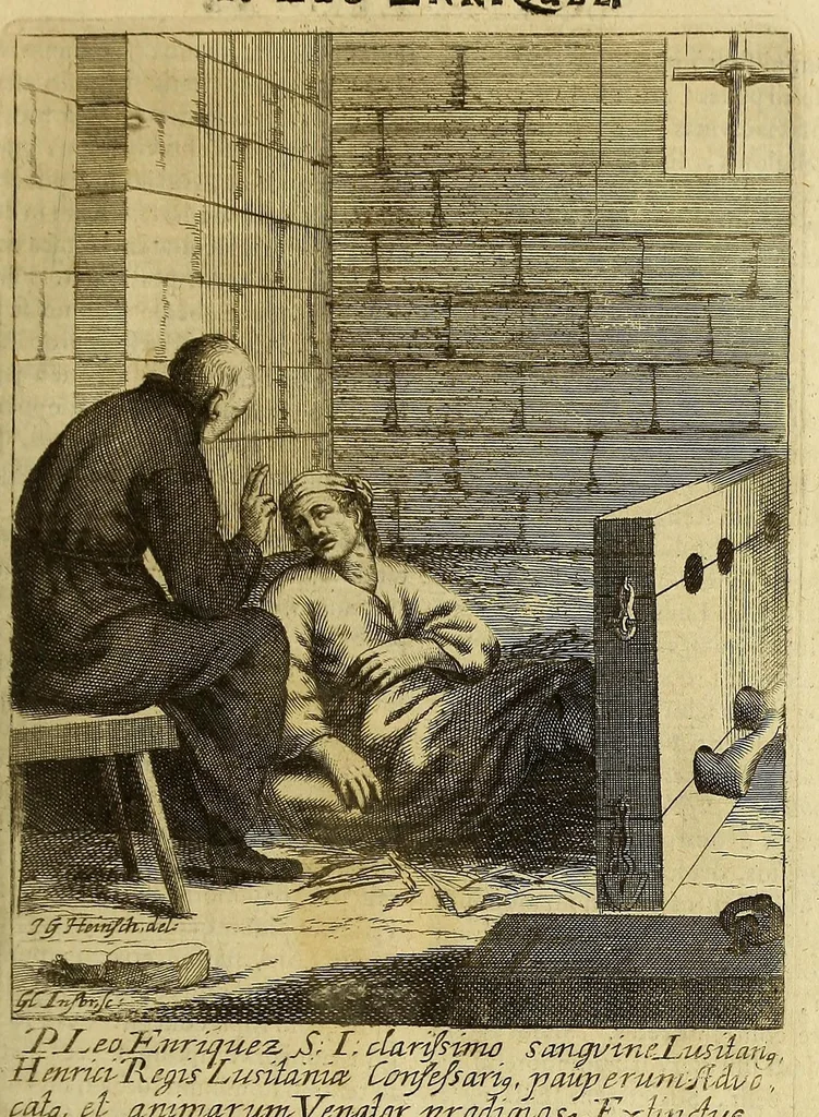 An illustration from Societas Jesu apostolorum imitatrix, sive Gesta praeclara et virtutes eorum, qui è Societate Jesu in procuranda salute animarum, per apostolicas missiones, conciones, sacramentorum ministeria, evangelij inter fideles & infideles propagationem, ceteráque munia apostolica, per totum orbem terrarum speciali zelo desudâ[ve]runt. Pars prima Societatis Jesu Europaeae., 1694, leaf 229