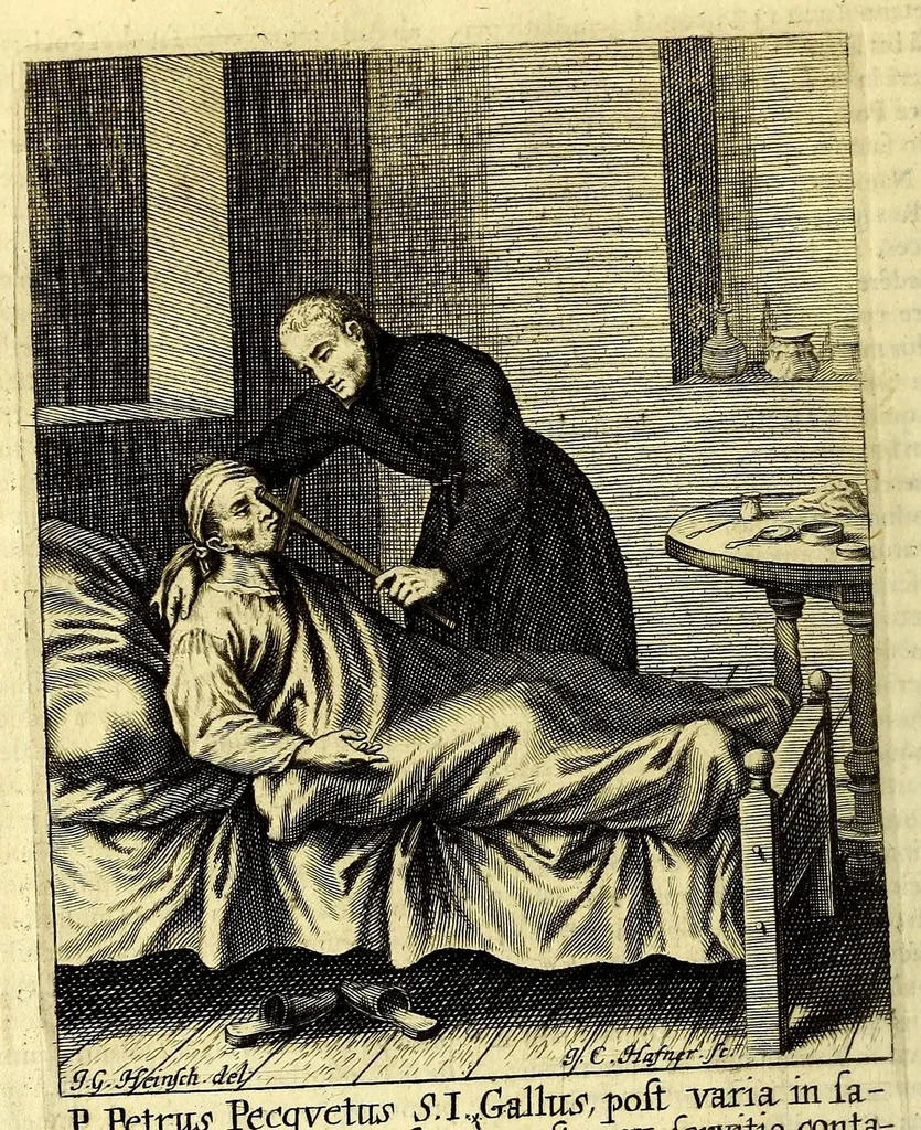 An illustration from Societas Jesu apostolorum imitatrix, sive Gesta praeclara et virtutes eorum, qui è Societate Jesu in procuranda salute animarum, per apostolicas missiones, conciones, sacramentorum ministeria, evangelij inter fideles & infideles propagationem, ceteráque munia apostolica, per totum orbem terrarum speciali zelo desudâ[ve]runt. Pars prima Societatis Jesu Europaeae., 1694, leaf 250