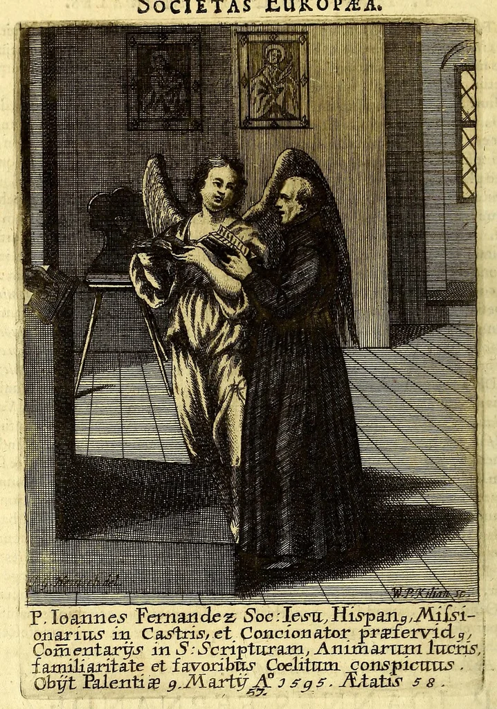 An illustration from Societas Jesu apostolorum imitatrix, sive Gesta praeclara et virtutes eorum, qui è Societate Jesu in procuranda salute animarum, per apostolicas missiones, conciones, sacramentorum ministeria, evangelij inter fideles & infideles propagationem, ceteráque munia apostolica, per totum orbem terrarum speciali zelo desudâ[ve]runt. Pars prima Societatis Jesu Europaeae., 1694, leaf 272