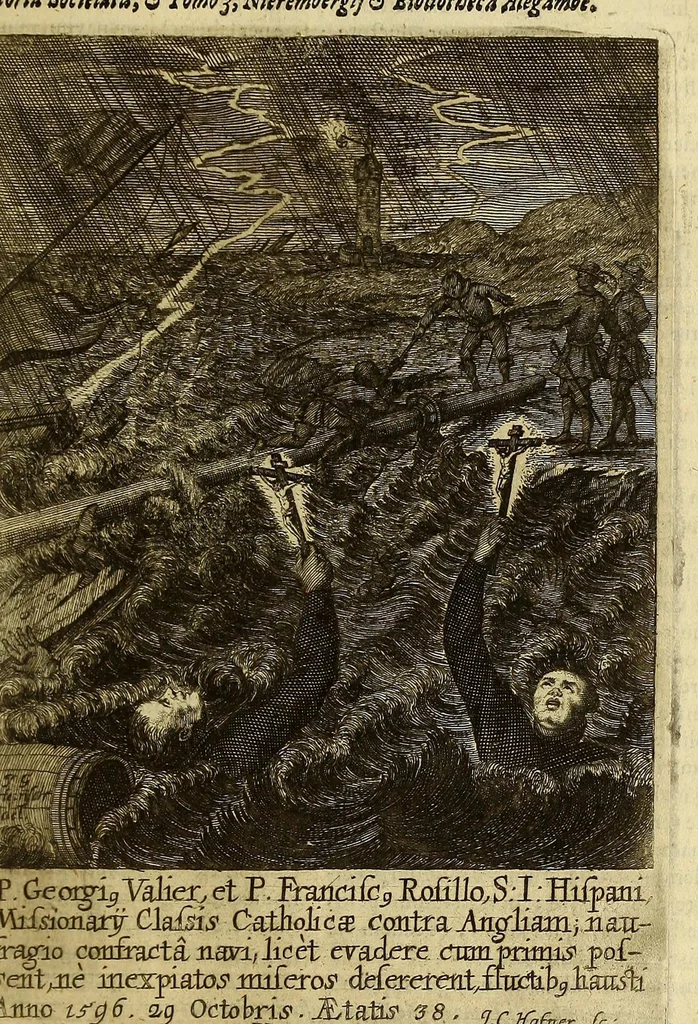 An illustration from Societas Jesu apostolorum imitatrix, sive Gesta praeclara et virtutes eorum, qui è Societate Jesu in procuranda salute animarum, per apostolicas missiones, conciones, sacramentorum ministeria, evangelij inter fideles & infideles propagationem, ceteráque munia apostolica, per totum orbem terrarum speciali zelo desudâ[ve]runt. Pars prima Societatis Jesu Europaeae., 1694, leaf 285