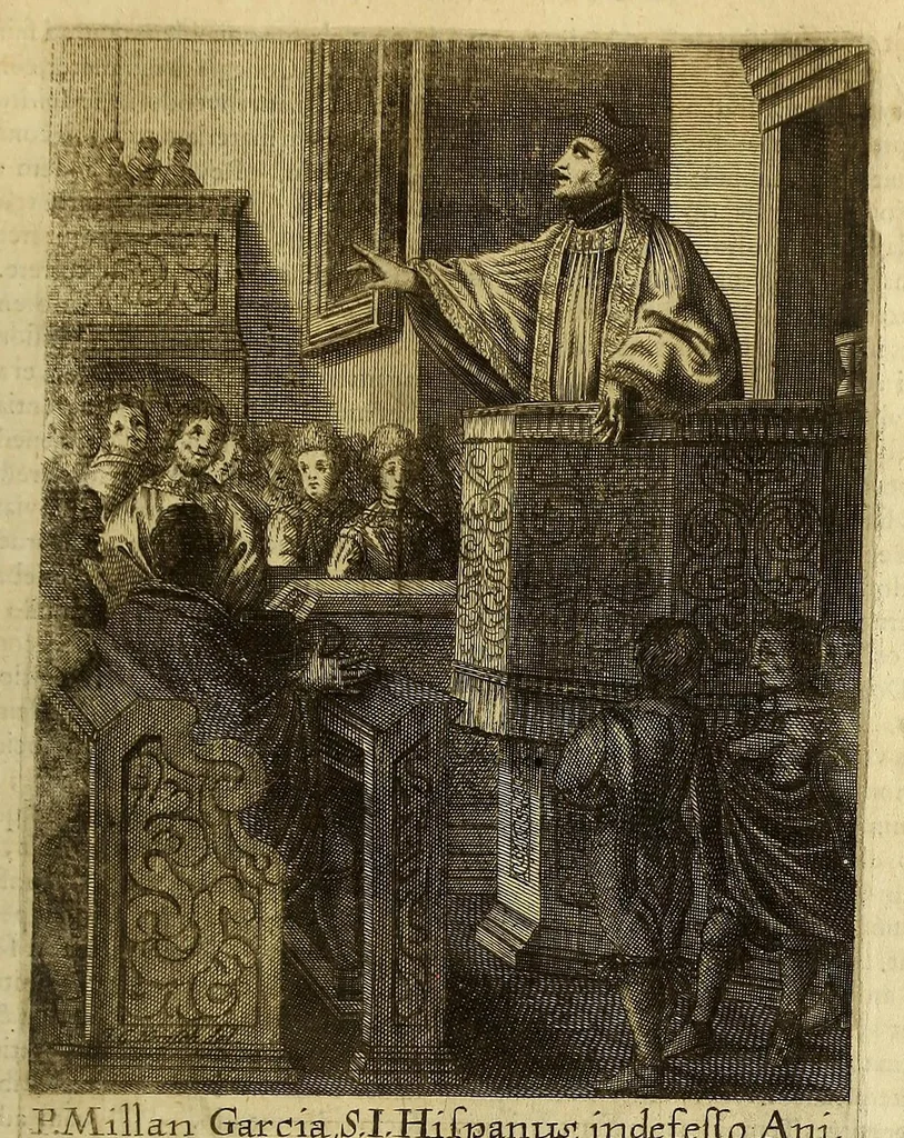 An illustration from Societas Jesu apostolorum imitatrix, sive Gesta praeclara et virtutes eorum, qui è Societate Jesu in procuranda salute animarum, per apostolicas missiones, conciones, sacramentorum ministeria, evangelij inter fideles & infideles propagationem, ceteráque munia apostolica, per totum orbem terrarum speciali zelo desudâ[ve]runt. Pars prima Societatis Jesu Europaeae., 1694, leaf 291