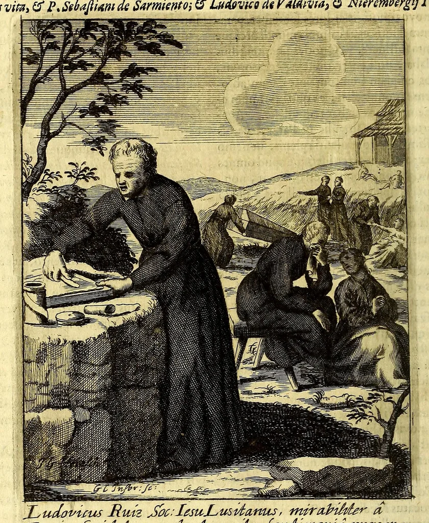 An illustration from Societas Jesu apostolorum imitatrix, sive Gesta praeclara et virtutes eorum, qui è Societate Jesu in procuranda salute animarum, per apostolicas missiones, conciones, sacramentorum ministeria, evangelij inter fideles & infideles propagationem, ceteráque munia apostolica, per totum orbem terrarum speciali zelo desudâ[ve]runt. Pars prima Societatis Jesu Europaeae., 1694, leaf 334