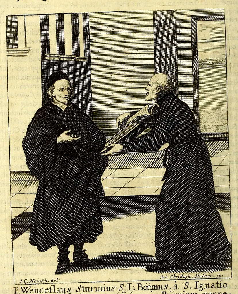 An illustration from Societas Jesu apostolorum imitatrix, sive Gesta praeclara et virtutes eorum, qui è Societate Jesu in procuranda salute animarum, per apostolicas missiones, conciones, sacramentorum ministeria, evangelij inter fideles & infideles propagationem, ceteráque munia apostolica, per totum orbem terrarum speciali zelo desudâ[ve]runt. Pars prima Societatis Jesu Europaeae., 1694, leaf 348