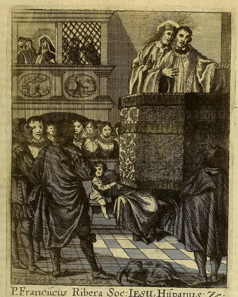 An illustration from Societas Jesu apostolorum imitatrix, sive Gesta praeclara et virtutes eorum, qui è Societate Jesu in procuranda salute animarum, per apostolicas missiones, conciones, sacramentorum ministeria, evangelij inter fideles & infideles propagationem, ceteráque munia apostolica, per totum orbem terrarum speciali zelo desudâ[ve]runt. Pars prima Societatis Jesu Europaeae., 1694, leaf 359