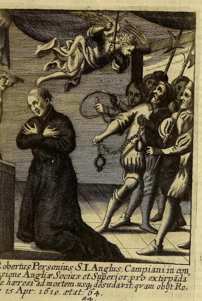 An illustration from Societas Jesu apostolorum imitatrix, sive Gesta praeclara et virtutes eorum, qui è Societate Jesu in procuranda salute animarum, per apostolicas missiones, conciones, sacramentorum ministeria, evangelij inter fideles & infideles propagationem, ceteráque munia apostolica, per totum orbem terrarum speciali zelo desudâ[ve]runt. Pars prima Societatis Jesu Europaeae., 1694, leaf 399