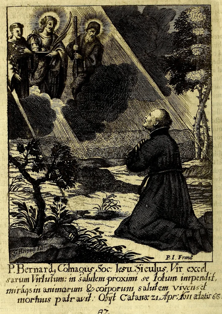 An illustration from Societas Jesu apostolorum imitatrix, sive Gesta praeclara et virtutes eorum, qui è Societate Jesu in procuranda salute animarum, per apostolicas missiones, conciones, sacramentorum ministeria, evangelij inter fideles & infideles propagationem, ceteráque munia apostolica, per totum orbem terrarum speciali zelo desudâ[ve]runt. Pars prima Societatis Jesu Europaeae., 1694, leaf 420
