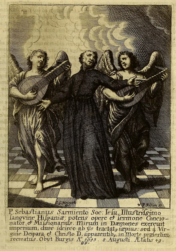 An illustration from Societas Jesu apostolorum imitatrix, sive Gesta praeclara et virtutes eorum, qui è Societate Jesu in procuranda salute animarum, per apostolicas missiones, conciones, sacramentorum ministeria, evangelij inter fideles & infideles propagationem, ceteráque munia apostolica, per totum orbem terrarum speciali zelo desudâ[ve]runt. Pars prima Societatis Jesu Europaeae., 1694, leaf 451