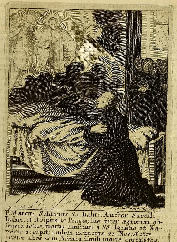 An illustration from Societas Jesu apostolorum imitatrix, sive Gesta praeclara et virtutes eorum, qui è Societate Jesu in procuranda salute animarum, per apostolicas missiones, conciones, sacramentorum ministeria, evangelij inter fideles & infideles propagationem, ceteráque munia apostolica, per totum orbem terrarum speciali zelo desudâ[ve]runt. Pars prima Societatis Jesu Europaeae., 1694, leaf 457