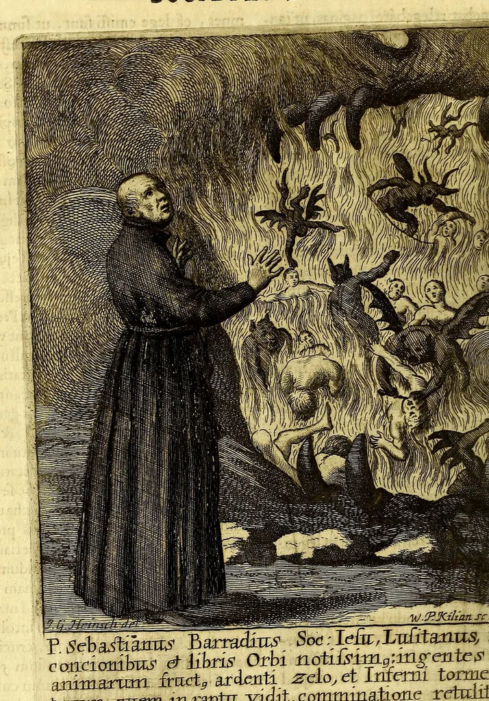 An illustration from Societas Jesu apostolorum imitatrix, sive Gesta praeclara et virtutes eorum, qui è Societate Jesu in procuranda salute animarum, per apostolicas missiones, conciones, sacramentorum ministeria, evangelij inter fideles & infideles propagationem, ceteráque munia apostolica, per totum orbem terrarum speciali zelo desudâ[ve]runt. Pars prima Societatis Jesu Europaeae., 1694, leaf 472