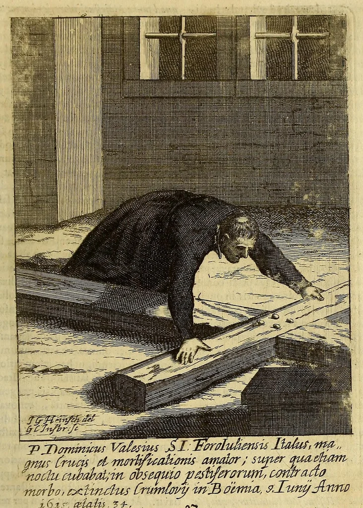 An illustration from Societas Jesu apostolorum imitatrix, sive Gesta praeclara et virtutes eorum, qui è Societate Jesu in procuranda salute animarum, per apostolicas missiones, conciones, sacramentorum ministeria, evangelij inter fideles & infideles propagationem, ceteráque munia apostolica, per totum orbem terrarum speciali zelo desudâ[ve]runt. Pars prima Societatis Jesu Europaeae., 1694, leaf 483