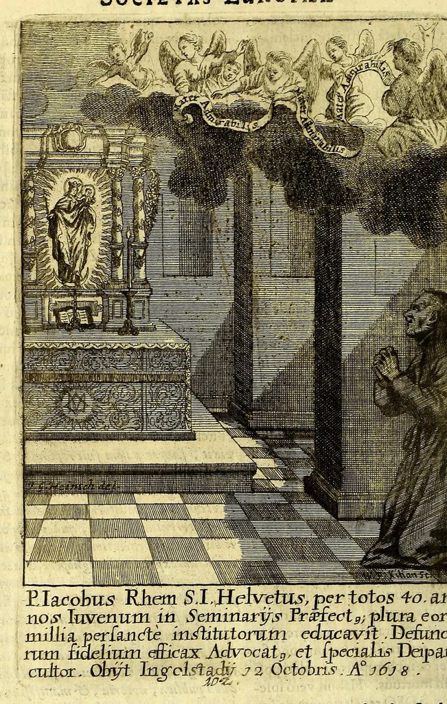 An illustration from Societas Jesu apostolorum imitatrix, sive Gesta praeclara et virtutes eorum, qui è Societate Jesu in procuranda salute animarum, per apostolicas missiones, conciones, sacramentorum ministeria, evangelij inter fideles & infideles propagationem, ceteráque munia apostolica, per totum orbem terrarum speciali zelo desudâ[ve]runt. Pars prima Societatis Jesu Europaeae., 1694, leaf 526