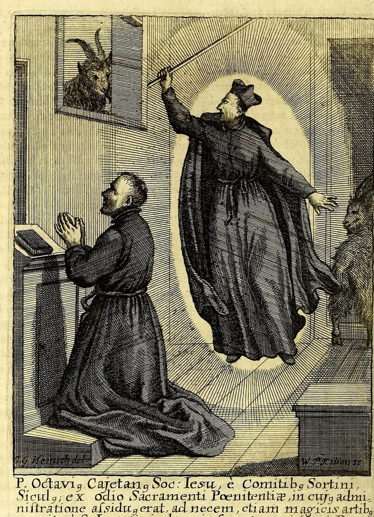 An illustration from Societas Jesu apostolorum imitatrix, sive Gesta praeclara et virtutes eorum, qui è Societate Jesu in procuranda salute animarum, per apostolicas missiones, conciones, sacramentorum ministeria, evangelij inter fideles & infideles propagationem, ceteráque munia apostolica, per totum orbem terrarum speciali zelo desudâ[ve]runt. Pars prima Societatis Jesu Europaeae., 1694, leaf 534