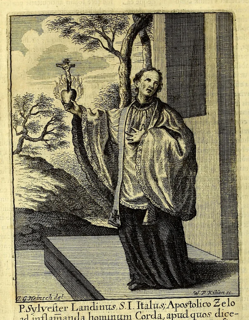 An illustration from Societas Jesu apostolorum imitatrix, sive Gesta praeclara et virtutes eorum, qui è Societate Jesu in procuranda salute animarum, per apostolicas missiones, conciones, sacramentorum ministeria, evangelij inter fideles & infideles propagationem, ceteráque munia apostolica, per totum orbem terrarum speciali zelo desudâ[ve]runt. Pars prima Societatis Jesu Europaeae., 1694, leaf 58