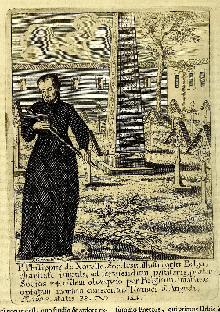 An illustration from Societas Jesu apostolorum imitatrix, sive Gesta praeclara et virtutes eorum, qui è Societate Jesu in procuranda salute animarum, per apostolicas missiones, conciones, sacramentorum ministeria, evangelij inter fideles & infideles propagationem, ceteráque munia apostolica, per totum orbem terrarum speciali zelo desudâ[ve]runt. Pars prima Societatis Jesu Europaeae., 1694, leaf 590