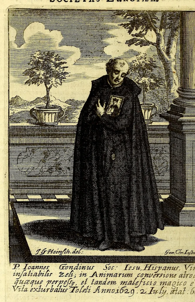 An illustration from Societas Jesu apostolorum imitatrix, sive Gesta praeclara et virtutes eorum, qui è Societate Jesu in procuranda salute animarum, per apostolicas missiones, conciones, sacramentorum ministeria, evangelij inter fideles & infideles propagationem, ceteráque munia apostolica, per totum orbem terrarum speciali zelo desudâ[ve]runt. Pars prima Societatis Jesu Europaeae., 1694, leaf 598