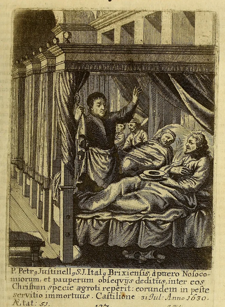 An illustration from Societas Jesu apostolorum imitatrix, sive Gesta praeclara et virtutes eorum, qui è Societate Jesu in procuranda salute animarum, per apostolicas missiones, conciones, sacramentorum ministeria, evangelij inter fideles & infideles propagationem, ceteráque munia apostolica, per totum orbem terrarum speciali zelo desudâ[ve]runt. Pars prima Societatis Jesu Europaeae., 1694, leaf 611