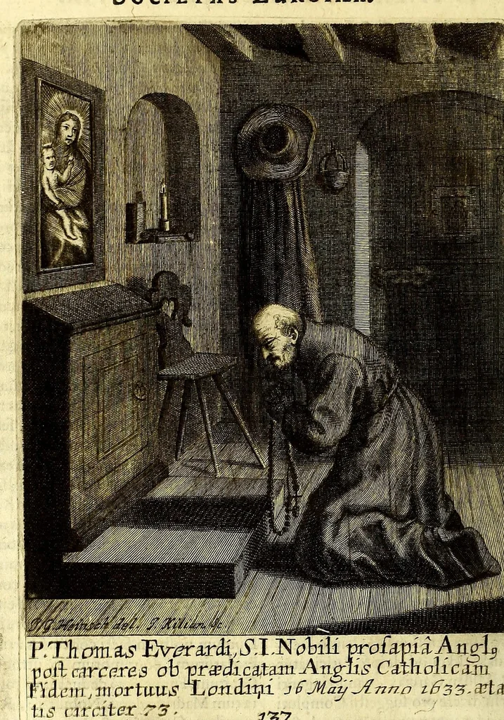 An illustration from Societas Jesu apostolorum imitatrix, sive Gesta praeclara et virtutes eorum, qui è Societate Jesu in procuranda salute animarum, per apostolicas missiones, conciones, sacramentorum ministeria, evangelij inter fideles & infideles propagationem, ceteráque munia apostolica, per totum orbem terrarum speciali zelo desudâ[ve]runt. Pars prima Societatis Jesu Europaeae., 1694, leaf 644