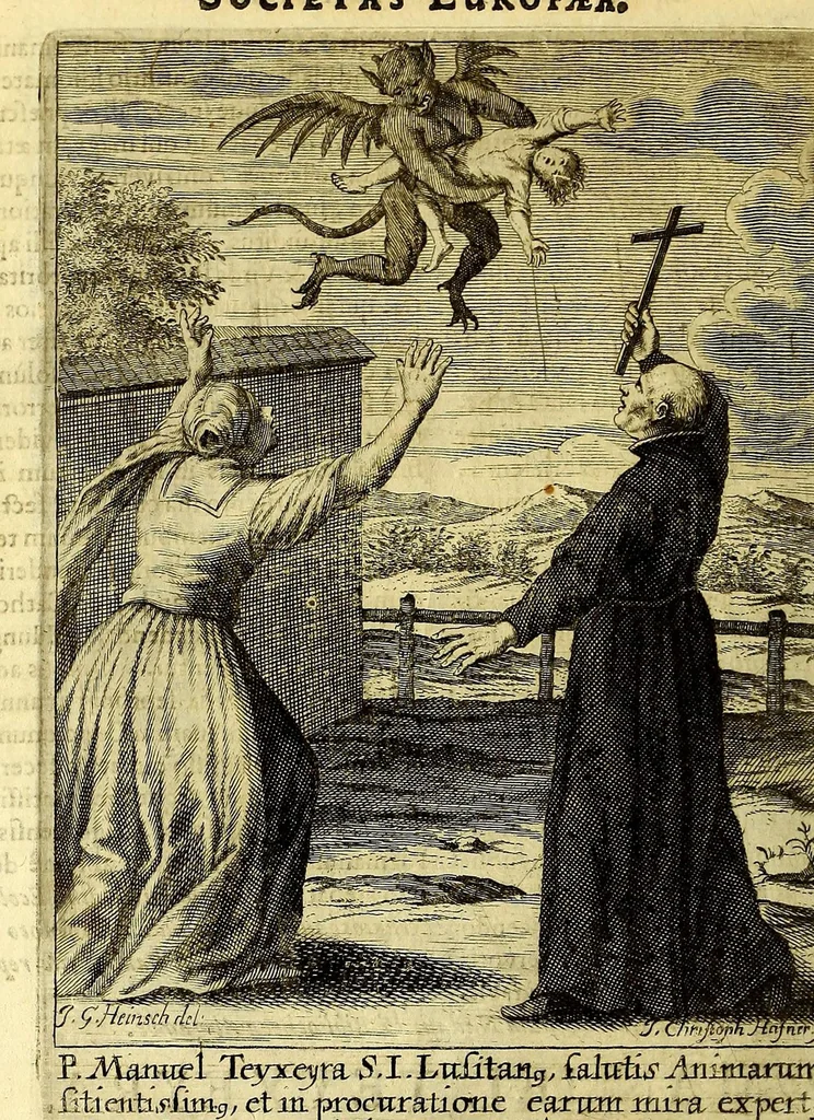 An illustration from Societas Jesu apostolorum imitatrix, sive Gesta praeclara et virtutes eorum, qui è Societate Jesu in procuranda salute animarum, per apostolicas missiones, conciones, sacramentorum ministeria, evangelij inter fideles & infideles propagationem, ceteráque munia apostolica, per totum orbem terrarum speciali zelo desudâ[ve]runt. Pars prima Societatis Jesu Europaeae., 1694, leaf 654