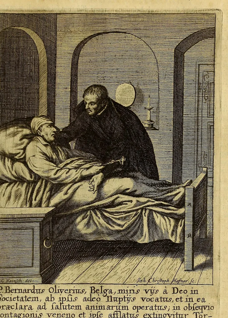 An illustration from Societas Jesu apostolorum imitatrix, sive Gesta praeclara et virtutes eorum, qui è Societate Jesu in procuranda salute animarum, per apostolicas missiones, conciones, sacramentorum ministeria, evangelij inter fideles & infideles propagationem, ceteráque munia apostolica, per totum orbem terrarum speciali zelo desudâ[ve]runt. Pars prima Societatis Jesu Europaeae., 1694, leaf 67