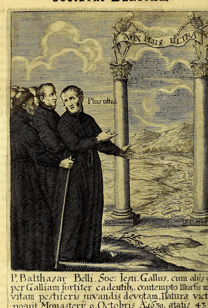 An illustration from Societas Jesu apostolorum imitatrix, sive Gesta praeclara et virtutes eorum, qui è Societate Jesu in procuranda salute animarum, per apostolicas missiones, conciones, sacramentorum ministeria, evangelij inter fideles & infideles propagationem, ceteráque munia apostolica, per totum orbem terrarum speciali zelo desudâ[ve]runt. Pars prima Societatis Jesu Europaeae., 1694, leaf 700