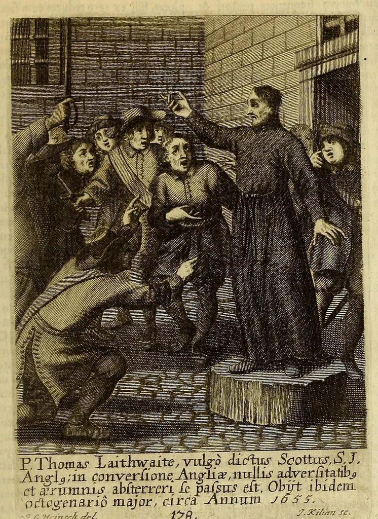 An illustration from Societas Jesu apostolorum imitatrix, sive Gesta praeclara et virtutes eorum, qui è Societate Jesu in procuranda salute animarum, per apostolicas missiones, conciones, sacramentorum ministeria, evangelij inter fideles & infideles propagationem, ceteráque munia apostolica, per totum orbem terrarum speciali zelo desudâ[ve]runt. Pars prima Societatis Jesu Europaeae., 1694, leaf 815