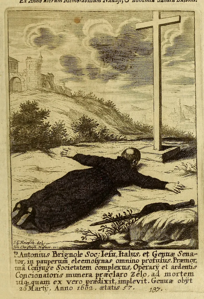 An illustration from Societas Jesu apostolorum imitatrix, sive Gesta praeclara et virtutes eorum, qui è Societate Jesu in procuranda salute animarum, per apostolicas missiones, conciones, sacramentorum ministeria, evangelij inter fideles & infideles propagationem, ceteráque munia apostolica, per totum orbem terrarum speciali zelo desudâ[ve]runt. Pars prima Societatis Jesu Europaeae., 1694, leaf 875