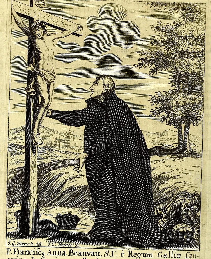 An illustration from Societas Jesu apostolorum imitatrix, sive Gesta praeclara et virtutes eorum, qui è Societate Jesu in procuranda salute animarum, per apostolicas missiones, conciones, sacramentorum ministeria, evangelij inter fideles & infideles propagationem, ceteráque munia apostolica, per totum orbem terrarum speciali zelo desudâ[ve]runt. Pars prima Societatis Jesu Europaeae., 1694, leaf 886