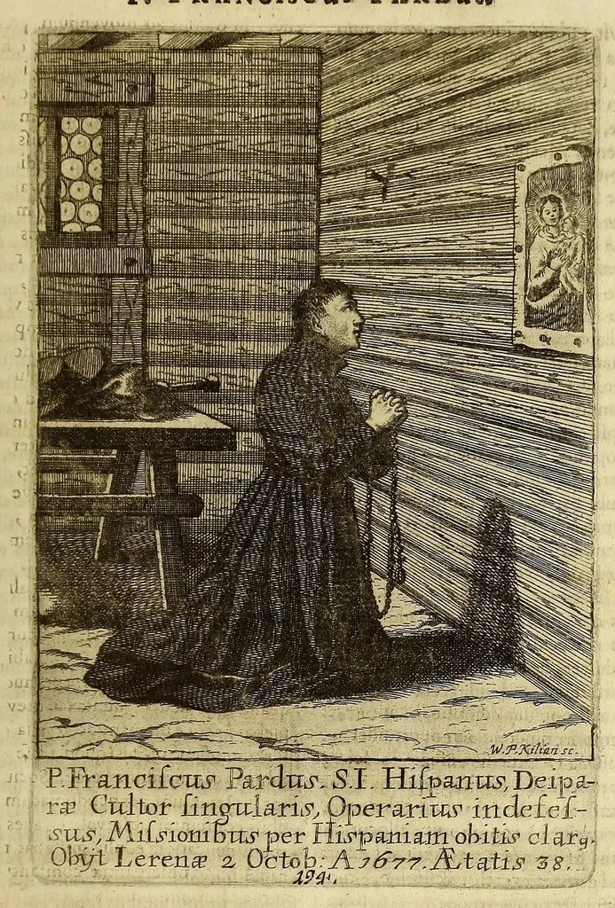 An illustration from Societas Jesu apostolorum imitatrix, sive Gesta praeclara et virtutes eorum, qui è Societate Jesu in procuranda salute animarum, per apostolicas missiones, conciones, sacramentorum ministeria, evangelij inter fideles & infideles propagationem, ceteráque munia apostolica, per totum orbem terrarum speciali zelo desudâ[ve]runt. Pars prima Societatis Jesu Europaeae., 1694, leaf 931