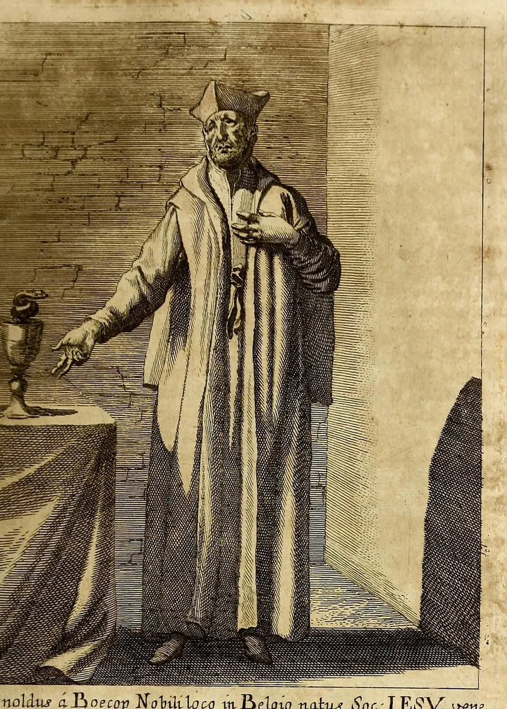 An illustration from Societas Jesu usque ad sanguinis et vitae profusionem militans, in Europa, Africa, Asia, et America, contra gentiles, Mahometanos, Judaeos, Haereticos, impios, pro Deo, fide, ecclesia, pietate. : Sive Vita, et mors eorum, qui ex Societate Jesu in causa fidei, & virtutis propugnatae, violentâ morte toto orbe sublati sunt., 1675, leaf 117