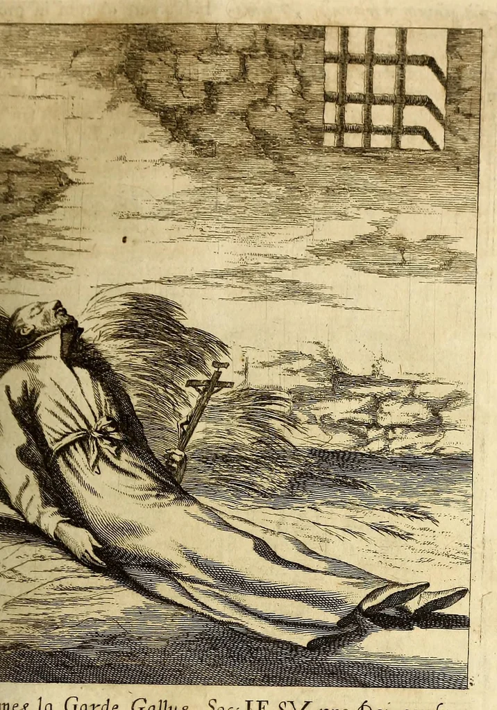 An illustration from Societas Jesu usque ad sanguinis et vitae profusionem militans, in Europa, Africa, Asia, et America, contra gentiles, Mahometanos, Judaeos, Haereticos, impios, pro Deo, fide, ecclesia, pietate. : Sive Vita, et mors eorum, qui ex Societate Jesu in causa fidei, & virtutis propugnatae, violentâ morte toto orbe sublati sunt., 1675, leaf 121