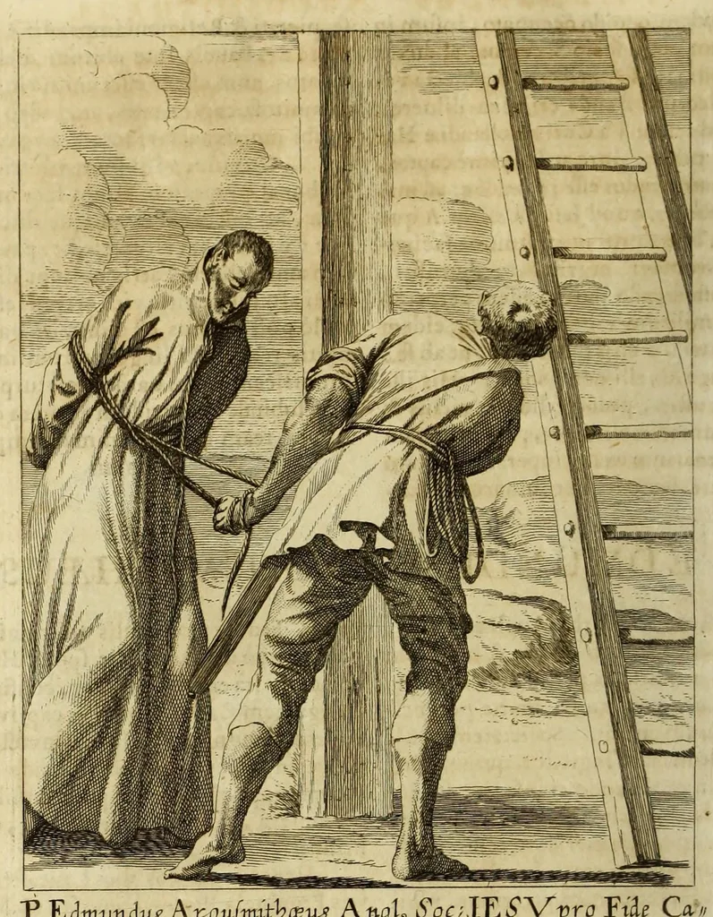 An illustration from Societas Jesu usque ad sanguinis et vitae profusionem militans, in Europa, Africa, Asia, et America, contra gentiles, Mahometanos, Judaeos, Haereticos, impios, pro Deo, fide, ecclesia, pietate. : Sive Vita, et mors eorum, qui ex Societate Jesu in causa fidei, & virtutis propugnatae, violentâ morte toto orbe sublati sunt., 1675, leaf 124