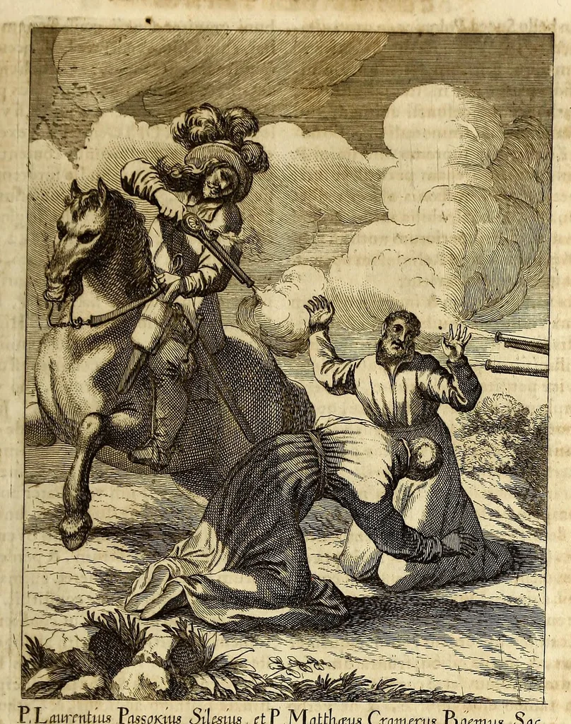An illustration from Societas Jesu usque ad sanguinis et vitae profusionem militans, in Europa, Africa, Asia, et America, contra gentiles, Mahometanos, Judaeos, Haereticos, impios, pro Deo, fide, ecclesia, pietate. : Sive Vita, et mors eorum, qui ex Societate Jesu in causa fidei, & virtutis propugnatae, violentâ morte toto orbe sublati sunt., 1675, leaf 139