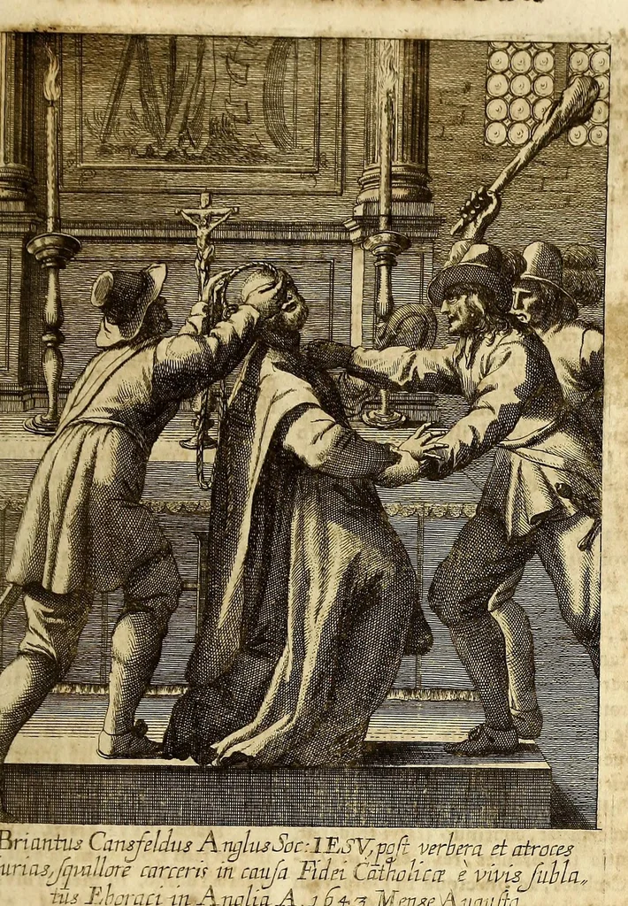 An illustration from Societas Jesu usque ad sanguinis et vitae profusionem militans, in Europa, Africa, Asia, et America, contra gentiles, Mahometanos, Judaeos, Haereticos, impios, pro Deo, fide, ecclesia, pietate. : Sive Vita, et mors eorum, qui ex Societate Jesu in causa fidei, & virtutis propugnatae, violentâ morte toto orbe sublati sunt., 1675, leaf 145