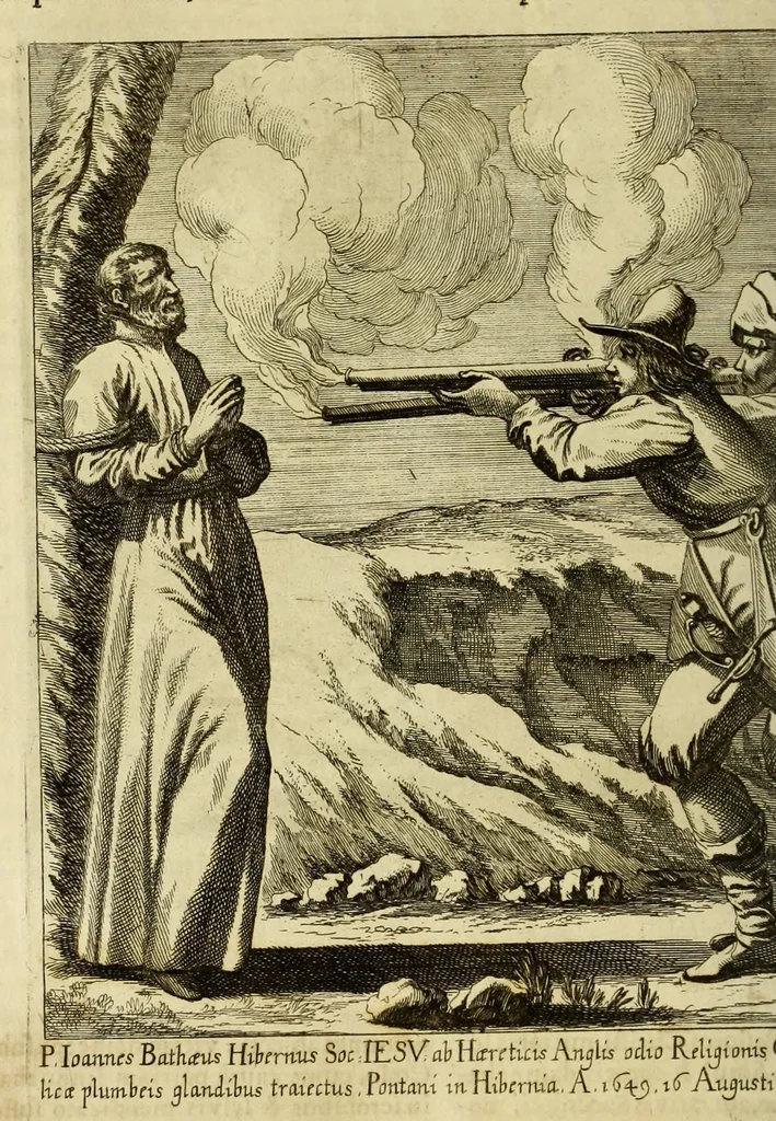 An illustration from Societas Jesu usque ad sanguinis et vitae profusionem militans, in Europa, Africa, Asia, et America, contra gentiles, Mahometanos, Judaeos, Haereticos, impios, pro Deo, fide, ecclesia, pietate. : Sive Vita, et mors eorum, qui ex Societate Jesu in causa fidei, & virtutis propugnatae, violentâ morte toto orbe sublati sunt., 1675, leaf 162