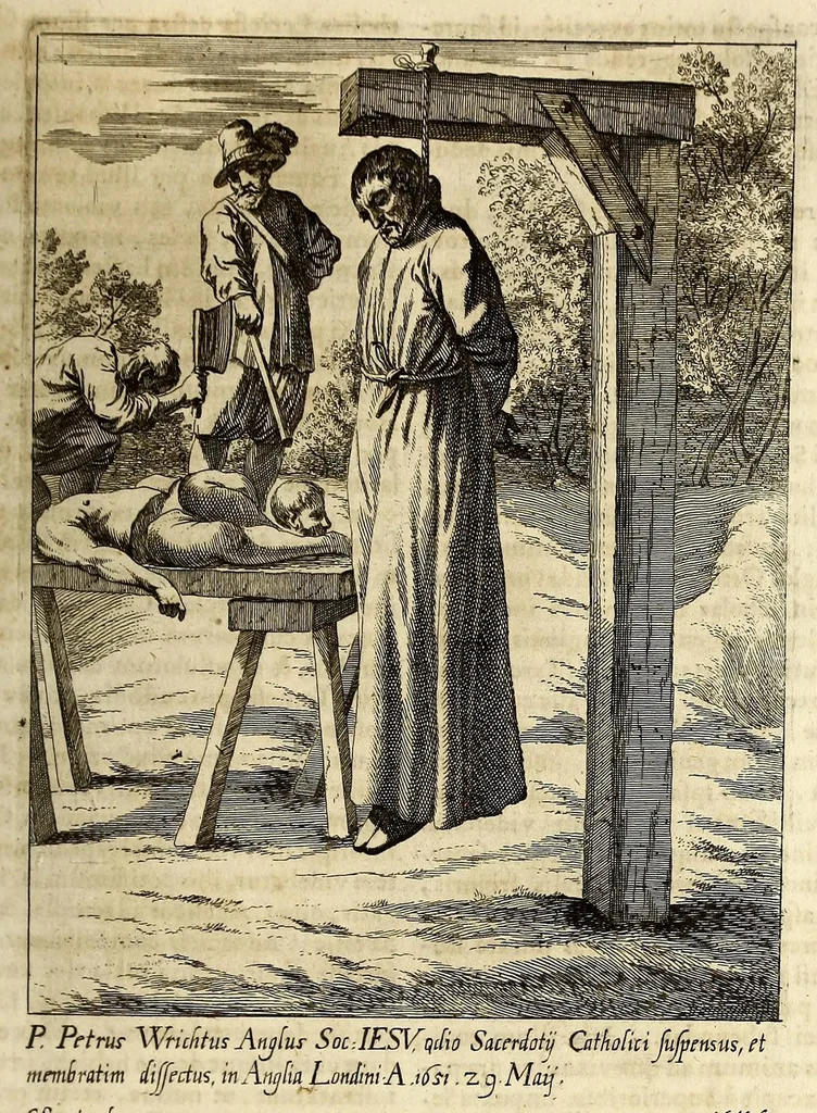 An illustration from Societas Jesu usque ad sanguinis et vitae profusionem militans, in Europa, Africa, Asia, et America, contra gentiles, Mahometanos, Judaeos, Haereticos, impios, pro Deo, fide, ecclesia, pietate. : Sive Vita, et mors eorum, qui ex Societate Jesu in causa fidei, & virtutis propugnatae, violentâ morte toto orbe sublati sunt., 1675, leaf 165