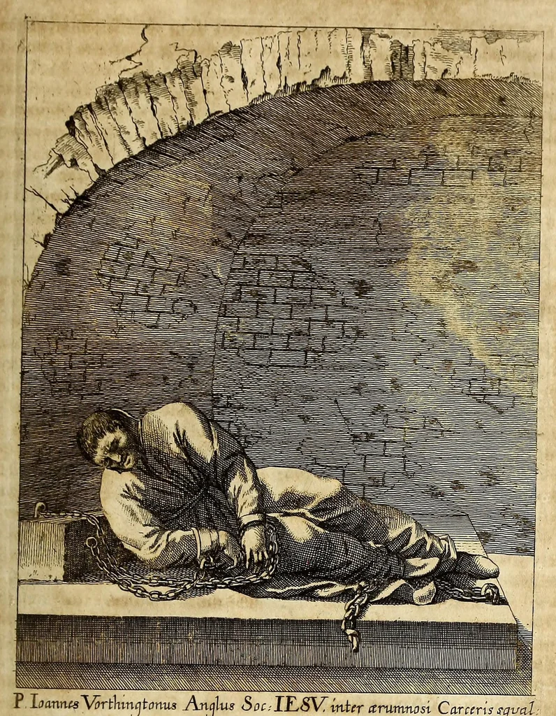 An illustration from Societas Jesu usque ad sanguinis et vitae profusionem militans, in Europa, Africa, Asia, et America, contra gentiles, Mahometanos, Judaeos, Haereticos, impios, pro Deo, fide, ecclesia, pietate. : Sive Vita, et mors eorum, qui ex Societate Jesu in causa fidei, & virtutis propugnatae, violentâ morte toto orbe sublati sunt., 1675, leaf 173