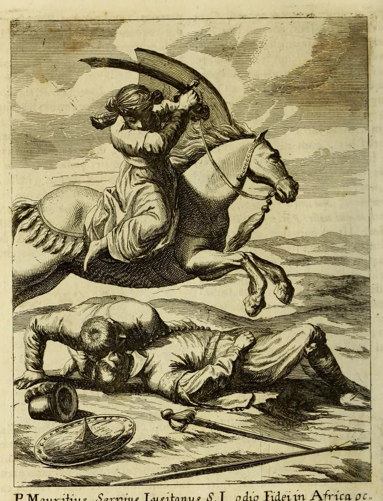 An illustration from Societas Jesu usque ad sanguinis et vitae profusionem militans, in Europa, Africa, Asia, et America, contra gentiles, Mahometanos, Judaeos, Haereticos, impios, pro Deo, fide, ecclesia, pietate. : Sive Vita, et mors eorum, qui ex Societate Jesu in causa fidei, & virtutis propugnatae, violentâ morte toto orbe sublati sunt., 1675, leaf 206