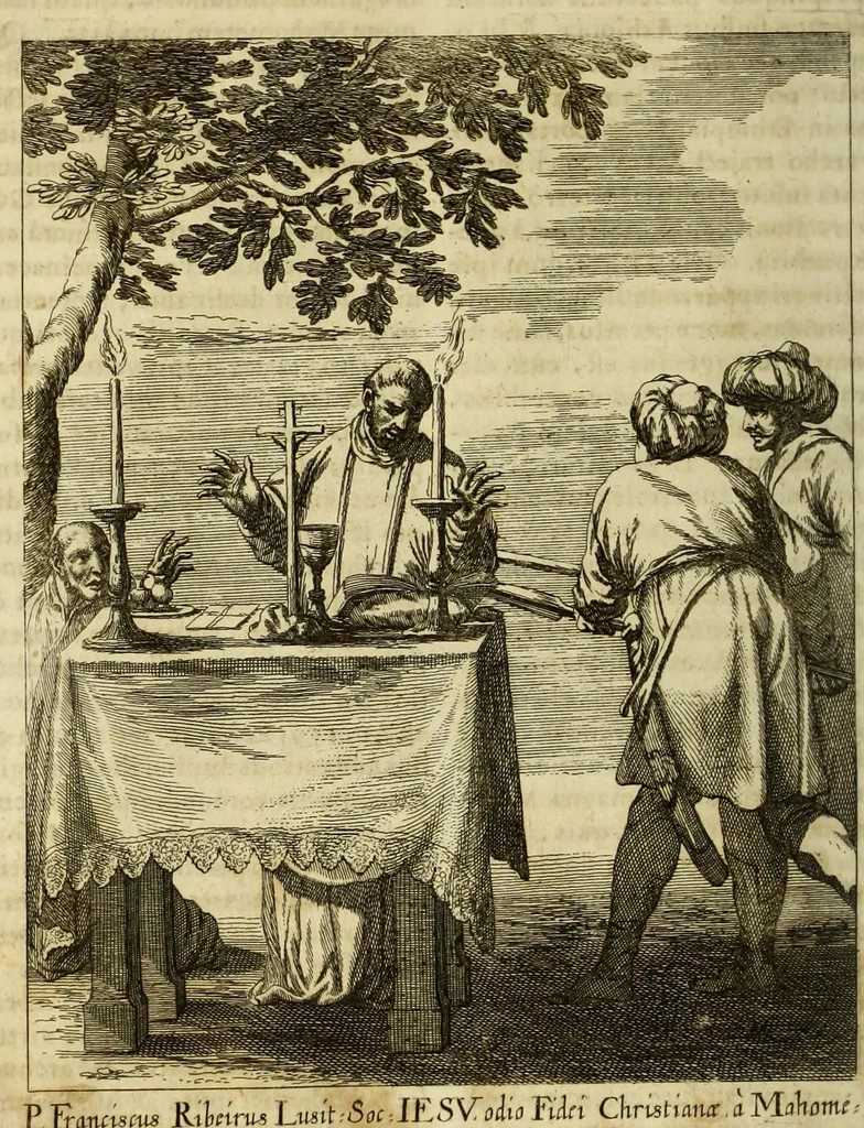 An illustration from Societas Jesu usque ad sanguinis et vitae profusionem militans, in Europa, Africa, Asia, et America, contra gentiles, Mahometanos, Judaeos, Haereticos, impios, pro Deo, fide, ecclesia, pietate. : Sive Vita, et mors eorum, qui ex Societate Jesu in causa fidei, & virtutis propugnatae, violentâ morte toto orbe sublati sunt., 1675, leaf 212