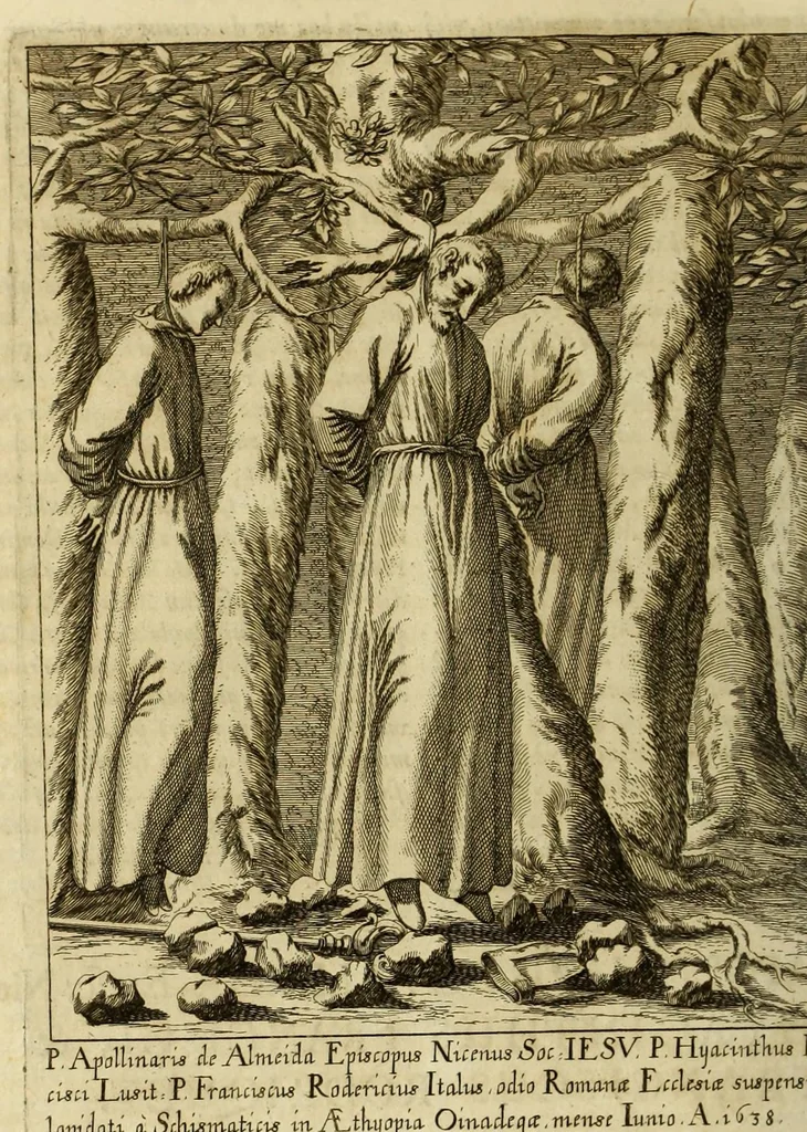 An illustration from Societas Jesu usque ad sanguinis et vitae profusionem militans, in Europa, Africa, Asia, et America, contra gentiles, Mahometanos, Judaeos, Haereticos, impios, pro Deo, fide, ecclesia, pietate. : Sive Vita, et mors eorum, qui ex Societate Jesu in causa fidei, & virtutis propugnatae, violentâ morte toto orbe sublati sunt., 1675, leaf 222
