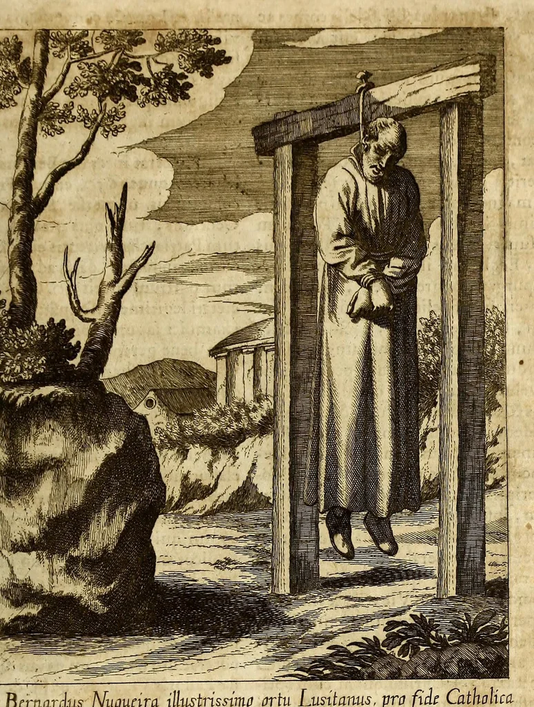 An illustration from Societas Jesu usque ad sanguinis et vitae profusionem militans, in Europa, Africa, Asia, et America, contra gentiles, Mahometanos, Judaeos, Haereticos, impios, pro Deo, fide, ecclesia, pietate. : Sive Vita, et mors eorum, qui ex Societate Jesu in causa fidei, & virtutis propugnatae, violentâ morte toto orbe sublati sunt., 1675, leaf 229