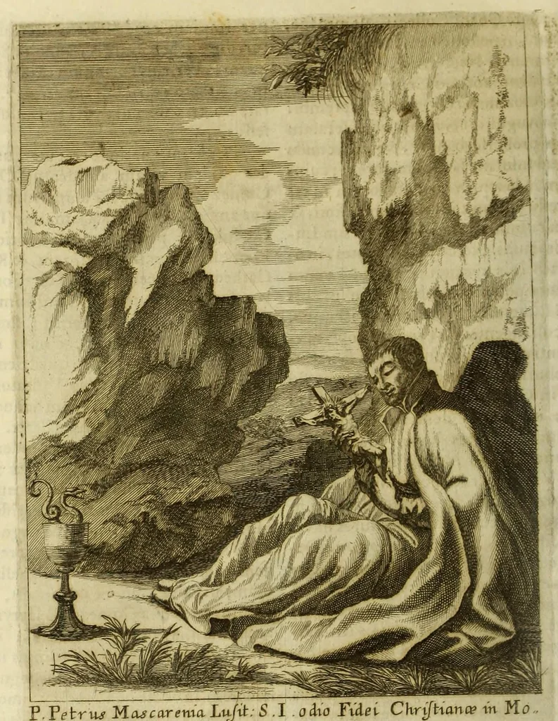 An illustration from Societas Jesu usque ad sanguinis et vitae profusionem militans, in Europa, Africa, Asia, et America, contra gentiles, Mahometanos, Judaeos, Haereticos, impios, pro Deo, fide, ecclesia, pietate. : Sive Vita, et mors eorum, qui ex Societate Jesu in causa fidei, & virtutis propugnatae, violentâ morte toto orbe sublati sunt., 1675, leaf 258